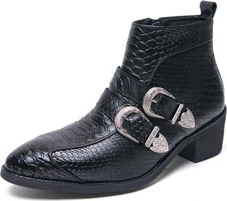 Generic Mens Fashion Belt Buckle Western Cowboy Boots with Zipper Pointed Toe High Top Motorcycle Boot Comfortable Casual Business Chukka Ankle Boots (Black,8