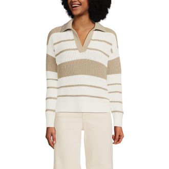Lands End Cotton Boucle Johnny Collar Textured Sweater in Ivory/champagne Stripe at Nordstrom, Size X-Large