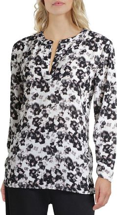 Halston Heritage H by Halston Top Womens White Black Floral Split Neck Blouse Pullover JDM849