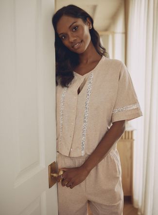 Miiyu Womens Boxy button-front lace-accent Supima cotton T-shirt