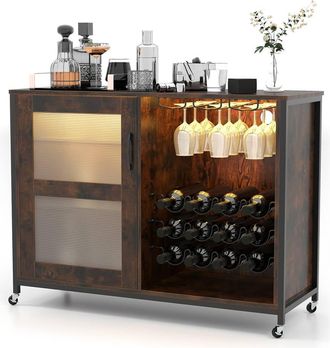 Costway Costway Wooden Wine Bar Cabinet Rolling Kitchen Buffet Sideboard w/LED Lights in Brown