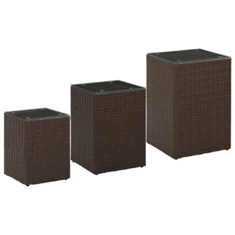vidaXL Mesa Auxiliar 3 Pzas Superficie Vidrio Rat&aacute;n Sint&eacute;tico Marr&oacute;n Vidaxl