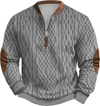 Generic Mens Sweatshirts Male Chunky Knit Sweater Sweatshirt Zipper Long Sleeve Printed Collarless And Hoodless Sweatshirt (Grey, XXXL)