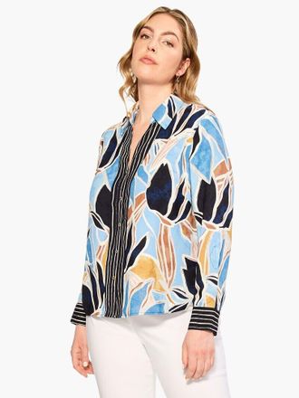 Nic+Zoe NIC+ZOE Sapphire Shades Shirt Womens Large Blue Tropical Button Up Preppy ERK495