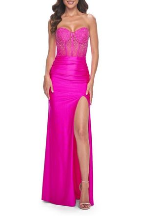La Femme Neon Rhinestone Bustier Prom Dress with Ruching in Hot Fuchsia at Nordstrom, Size 2