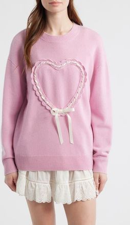 LoveShackFancy Juna Heart Bow Wool & Cashmere Sweater in Gumball at Nordstrom, Size Xx-Small