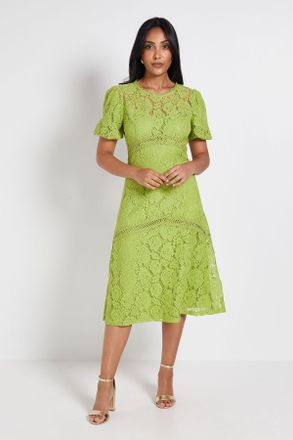 Wallis Womens Petite Lace Puff Sleeve Midi Dress - Green Cotton - Size 20 UK