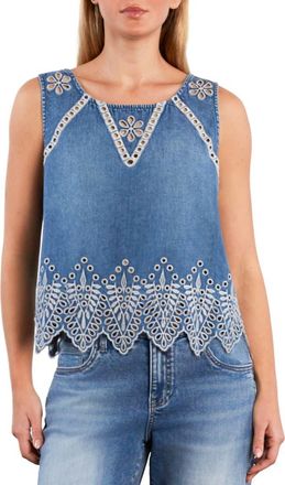 Wash Lab Denim Alison Embroidered Eyelet Top in Ivy Denim at Nordstrom, Size X-Large