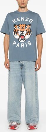 Kenzo Mens Lucky Tiger Printed T-Shirt in Light Blue Cotton - Size Medium