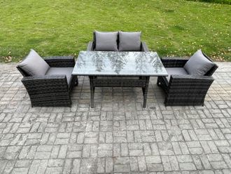 Fimous Wicker Outdoor Garden Furniture Set Patio Furniture Rattan Rectangular Dining Table Lounge Sofa in Dark Grey