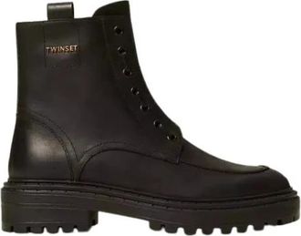 Twinset Chunky leren laarzen met logo - Dames - Veterlaarzen - Zwart - 39 EU - Leer - Schoenen