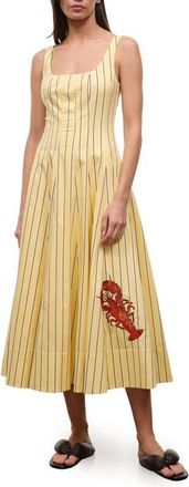 Staud Wells Stripe Stretch Cotton Poplin Midi Dress in Monday Stripe Lobster at Nordstrom, Size 00