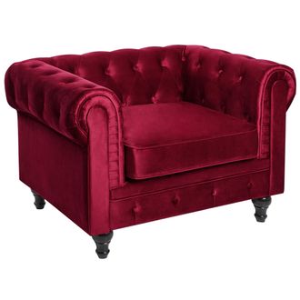 Beliani Sill&oacute;n Chesterfield Tapizado En Tela De Terciopelo Rojo Patas De Madera Oscura Estilo Contempor&aacute;neo Chesterfield