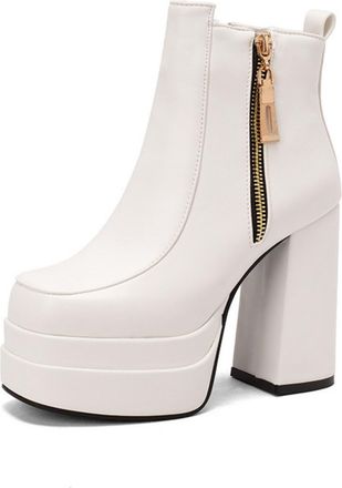Generic Womens Ankle Platform Block Heel Boots Square Toe Faux Leather Side Zipper Slip On Bold Color Sleek Style Comfortable For Daily Casual,White,9.5 UK