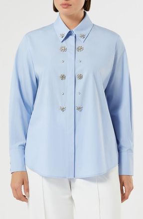 Marina Rinaldi Embellished Cotton Button-Up Shirt in Sky Blue at Nordstrom, Size 16W