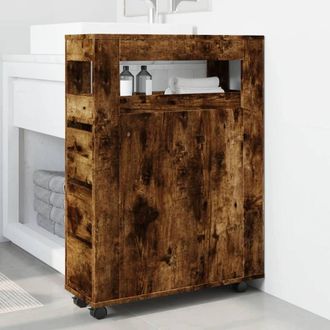 Berkfield Home Narrow Bathroom Cabinet with Wheels Smoked Oak Engineered Wood in Brown