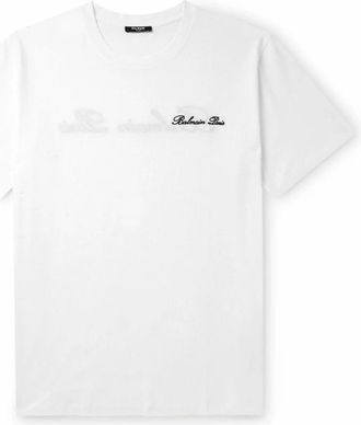 Balmain T-Shirts, male, White, XL, Logo-Embroidered Cotton-Jersey T-Shirt