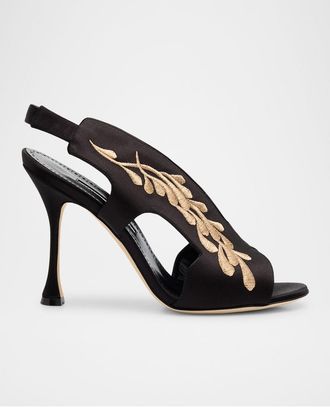 Manolo Blahnik Pancrabonu Embroidered Satin Sandals