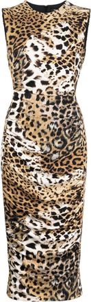 Roberto Cavalli jaguar-print gathered midi dress - women - Nylon/Elastane - 42 - Brown