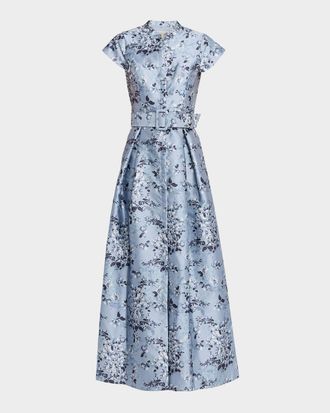 Sachin & Babi Marta Pleated Floral-Print Mikado Gown