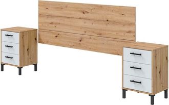 Bricohabitat Cabecero + 2 Mesitas 3 Cajones Cabezal y Mesitas Moderno Lúmina en Blanco Artik y Roble Nodi 240x101x33 cm