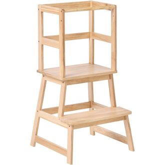 Beliani Torre De Aprendizaje Infantil De Cocina Estructura De Madera De Pino Con Pelda&ntilde;os Marr&oacute;n Claro Bremer