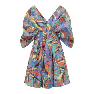 Rochas Short Dresses, female, Multicolor, Size: S Pleated Graphic-Print Minidress