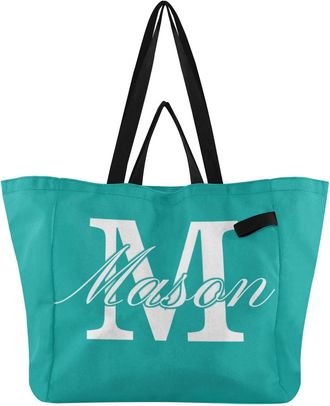 Generic Custom Teal Green print Reusable Canvas Tote Bag, Heavy Duty Grocery Shopping Bag with Hard Bottom Double Handles Large Capacity Work Groceries Travel