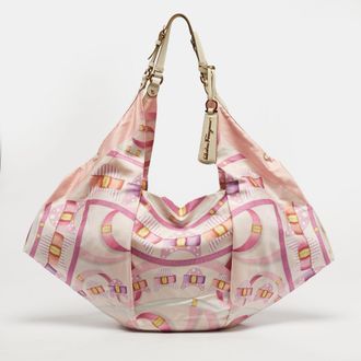 Ferragamo Pleated Bow Print Pink Leather And Nylon Hobo