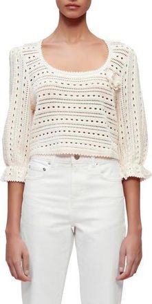 Maje Marcia Floral Appliqué Pointelle Sweater in Blanc at Nordstrom Rack, Size 1 (Fits Like 2-4 Us)
