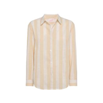 MC2 Saint Barth Beige and Off-White Striped Long-Sleeved Button-Up Shirt