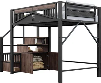 STILVORA Cama Alta 140&times;200 Cm, Cama Doble Con Escalera Con Almacenaje Y Armario Peque&ntilde;o, Sin Colch&oacute;n, Negra