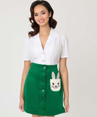 Unique Vintage 1940s Short Sleeve Collared Button Down Woven Blouse in White Jacquard at Nordstrom, Size X-Small