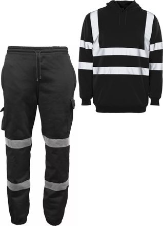Generic Hi Vis Jogging Bottoms High Visibility Combat Cargo Thick Brush Fleece Trousers with Same Hoodie Reflective Tape Safety Work Wear Elasticated Waist Jo
