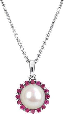 Rina Limor Silver 0.32 Ct. Tw. Ruby & 8-8.5 Mm Pearl Halo Necklace