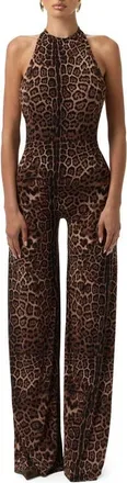Naked Wardrobe Leopard Print Wide Leg Halter Jumpsuit in Brown Leopard at Nordstrom, Size Medium