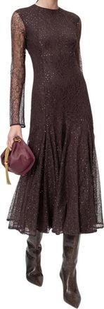Twinset Abito Midi in Pizzo con Micro Paillettes - - Dresses - Donna - Marrone - L