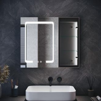 Elegant Lighting Bathroom LED Anti-Fog Mirror Cabinet with Glass Shelves, Dimmable LED Illumiated, Built-in Ambient Lighting, Shaver Socket, Moroccan Gray