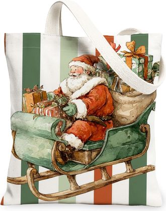 Generic Santa Sleigh Canvas Tote Bags, Holiday Christmas Reusable Shopping Bags, Fun Festive Lightweight Washable Shoulder Strap Ca, Red, 13x15 Inch