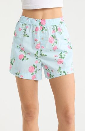 Open Edit Oversize Boyfriend Boxer Shorts in Blue- Pink Mood Floral at Nordstrom, Size X-Small