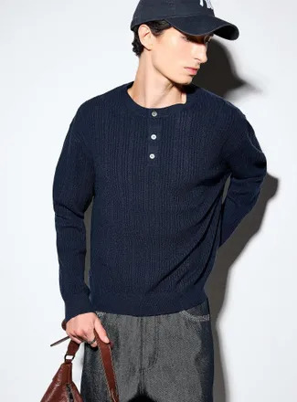 Le 31 Mens Henley Shirt collar navy sweater Imported from Seoul