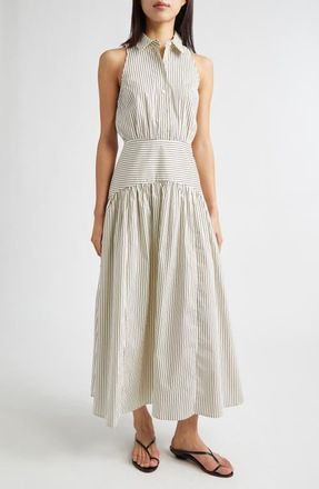 Staud Romy Sleeveless Maxi Shirtdress in Ivory/Dark Oak Micro Stripe at Nordstrom, Size 16