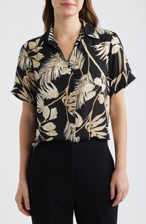 Anne Klein Floral Print Short Sleeve Button-Up Shirt in Anne Black Multi at Nordstrom, Size X-Large P