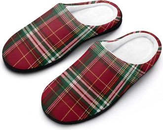 Generic Red And Green Tartan Pattern Funny Womens Cotton Slippers Shoes Novelty Soft Non-Slip Sole Home Shoe