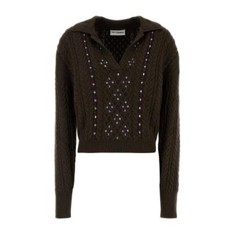 Des_Phemmes V-neck Knitwear, female, Brown, Size: M Cable Knit Long Sleeve Polo Sweater