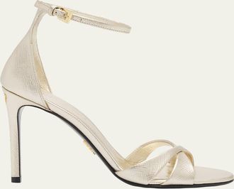 Prada 95mm Vernice Saffiano Leather Ankle-Strap Sandals