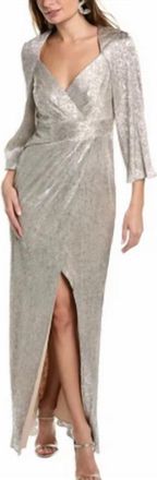 Aidan Mattox V-Neck Metallic Sleeved Gown In Silver/beige