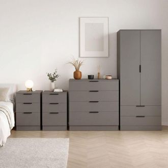 Home Discount Trega 4pc Bedroom Furniture Set - 2x 3 Drawer Bedside, 4 Drawer Chest & 2 Door Wardrobe, Grey