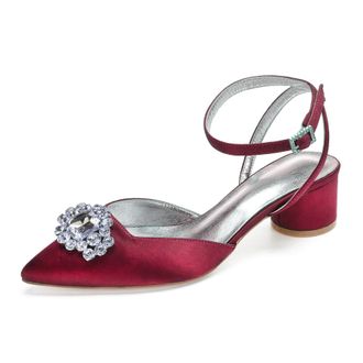 Generic Wedding Bridal Heels Women Ankle Strap Pointed Toe Slingback Chunky Low Heels Womens Pumps Wedding Dress Shoes 4.5Cm,Burgundy,2 UK
