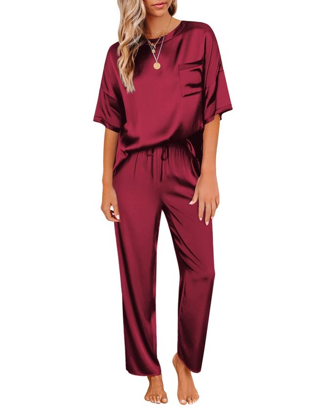 Damen Satin Schlafanzug – 2-teiliges Pyjama-Set Mit Knopfleiste, Kurzarm Oder Langarm, Seidig Weich